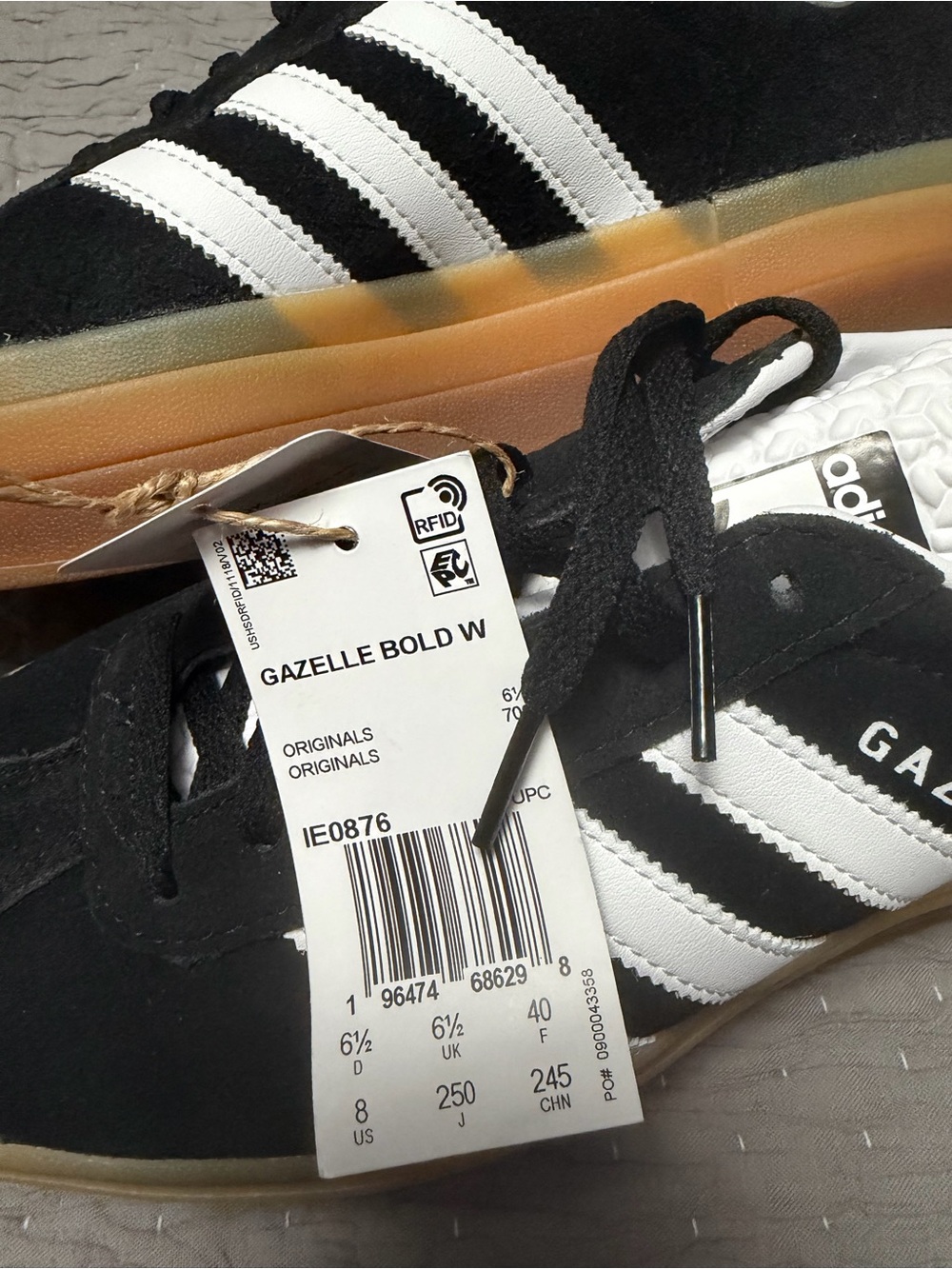 adidas Gazelle Bold W Black with White Stripes and Gum Sole NWT